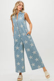 Anokhinaliza BiBi Star Print Half Zip Sleeveless Denim Jumpsuit