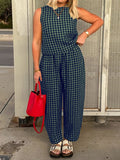 Anokhinaliza Lovelet Plaid Round Neck Sleeveless Top and Pants Set