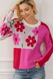 Anokhinaliza Flower Color Block Round Neck Sweater