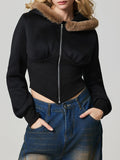 Anokhinaliza Zip Up Long Sleeve Fuzzy Hem Hooded Jacket