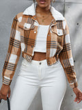 Anokhinaliza Plaid Snap Down Collared Neck Cropped Jacket