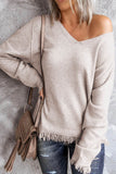 Anokhinaliza Exposed Seam Fringe Hem V-Neck Long Sleeve Sweater