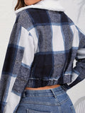 Anokhinaliza Plaid Snap Down Collared Neck Cropped Jacket