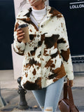 Anokhinaliza Cow Print Collared Neck Button Up Fuzzy Jacket