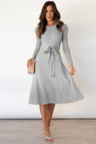 Anokhinaliza Round Neck Long Sleeve Tie Waist Sweater Dress