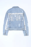 Anokhinaliza Sequin Fringe Trim Distressed Button Up Denim Jacket