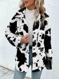 Anokhinaliza Cow Print Collared Neck Button Up Fuzzy Jacket