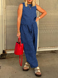 Anokhinaliza Lovelet Plaid Round Neck Sleeveless Top and Pants Set