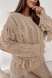 Anokhinaliza Cable Knit Fringe Round Neck Long Sleeve Sweater