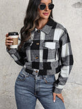 Anokhinaliza Perfee Plaid Button Up Drop Shoulder Cropped Jacket