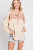 Anokhinaliza Waffle-Knit Color Block Half Button Long Sleeve Top