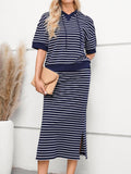 Anokhinaliza Drawstring Striped Short Sleeve Hooded Top and Skirt Set