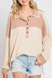 Anokhinaliza Waffle-Knit Color Block Half Button Long Sleeve Top