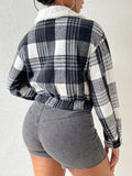 Anokhinaliza Plaid Snap Down Collared Neck Cropped Jacket