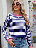 Anokhinaliza Striped Contrast Round Neck Long Sleeve Sweater