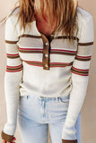 Anokhinaliza Half Button Contrast Stripe Long Sleeve Knit Top