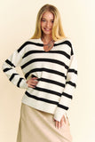 Anokhinaliza Davi & Dani High-Low Side Slit Striped Johnny Collar Sweater