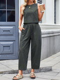 Anokhinaliza Lovelet Plaid Round Neck Sleeveless Top and Pants Set