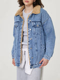 Anokhinaliza Button Up Collared Neck Plush Denim Jacket