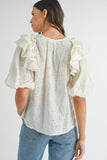 Anokhinaliza MABLE Eyelet Lace Ruffle Shoulder Puff Sleeve Blouse