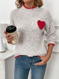 Anokhinaliza Perfee Contrast Heart Round Neck Long Sleeve Sweater