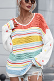 Anokhinaliza Hollow Striped Color Block Round Neck Sweater