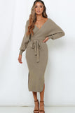 Anokhinaliza Surplice Neck Bow Waist Slit Sweater Dress