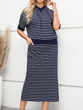 Anokhinaliza Drawstring Striped Short Sleeve Hooded Top and Skirt Set