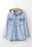 Anokhinaliza Distressed Button Up Hooded Denim Jacket with Pockets