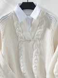 Anokhinaliza Cable-Knit Collared Neck Faux Layered Sweater