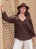 Anokhinaliza Plus Size Lace Detail Tie Neck Long Sleeve Blouse