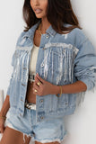 Anokhinaliza Sequin Fringe Trim Distressed Button Up Denim Jacket