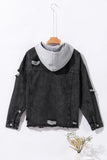 Anokhinaliza Distressed Drawstring Long Sleeve Hooded Denim Jacket