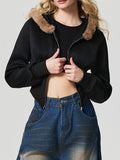 Anokhinaliza Zip Up Long Sleeve Fuzzy Hem Hooded Jacket