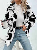 Anokhinaliza Cow Print Collared Neck Button Up Fuzzy Jacket