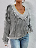 Anokhinaliza Striped V-Neck Long Sleeve Sweater