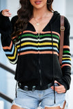 Anokhinaliza Striped Zip Up Hooded Sweater Cardigan