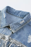 Anokhinaliza Sequin Fringe Trim Distressed Button Up Denim Jacket