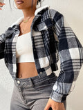 Anokhinaliza Plaid Snap Down Collared Neck Cropped Jacket