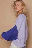 Anokhinaliza POL Exposed Seam Contrast V-Neck Lantern Sleeve Sweater