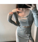 Anokhinaliza New Year Valentine's Day Summer Korea Fashion Knitted Suit Women Office Lady 2 Piece Set Thin Knit Crop Tops + Midi Slim Skirts Y2k Set Tracksuit