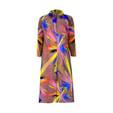 Anokhinaliza Print Dress For Women Lapel Collar Long Sleeve Mid Loose Pullover Hit Color Ruched Dresses Females Summer Clothing