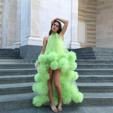 Anokhinaliza prom dresses tutu quince dresses  dama dresses Neon Green Sexy Long Evening Formal Dresses robe de soiree Hi Low Ruffle Tulle Elegant Evening Gown Halter Party Dresses