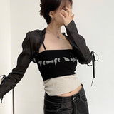 Anokhinaliza alt black girl going out classic style women edgy style church outfit brunch outfit cute spring outfits Gothic Cloak Womne Long Sleeve Crop Top Bow Design Black Cape + Patchwork Tank Top Two Piece Set Korean Style Sexy Tops