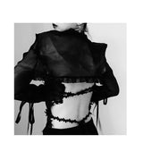 Anokhinaliza alt black girl going out classic style women edgy style church outfit brunch outfit cute spring outfits Gothic Cloak Womne Long Sleeve Crop Top Bow Design Black Cape + Patchwork Tank Top Two Piece Set Korean Style Sexy Tops