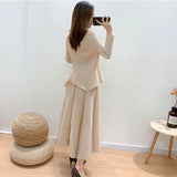 Anokhinaliza Green Beige Suit Round-neck Pleated Loose Casual Pullover Long-sleeved Top+ankle-length Skirt Female Fashion Tide 2A1446