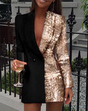 Anokhinaliza  Women Office Dress Colorblock Patchwork Long Sleeve Blazer Dress V Neck Sequins Double Breasted Blazer Dress