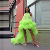 Anokhinaliza prom dresses tutu quince dresses  dama dresses Neon Green Sexy Long Evening Formal Dresses robe de soiree Hi Low Ruffle Tulle Elegant Evening Gown Halter Party Dresses