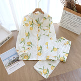 Anokhinaliza Ladies Pajamas Set 100% Gauze Cotton Cartoon Avocado Printed 2Pcs Turn-down Neck Shirt+Pants Comfort Fresh And Nature Women