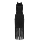 Anokhinaliza alt black girl going out classic style women edgy style church outfit brunch outfit cute spring outfitsSexy Women'S Dress Solid Color Halter Fringe Design Round Neck Sleeveless Skirt Long Bandage Mini Dress